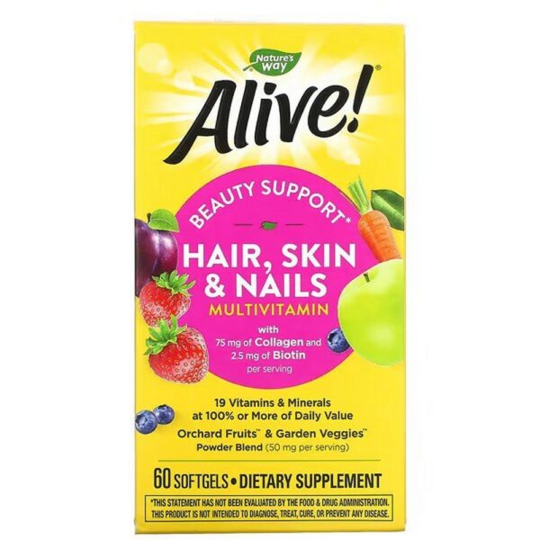Nature’s Way Alive! Hair, Skin & Nails – Strawberry Multi-Vitamin, 60 Softgels